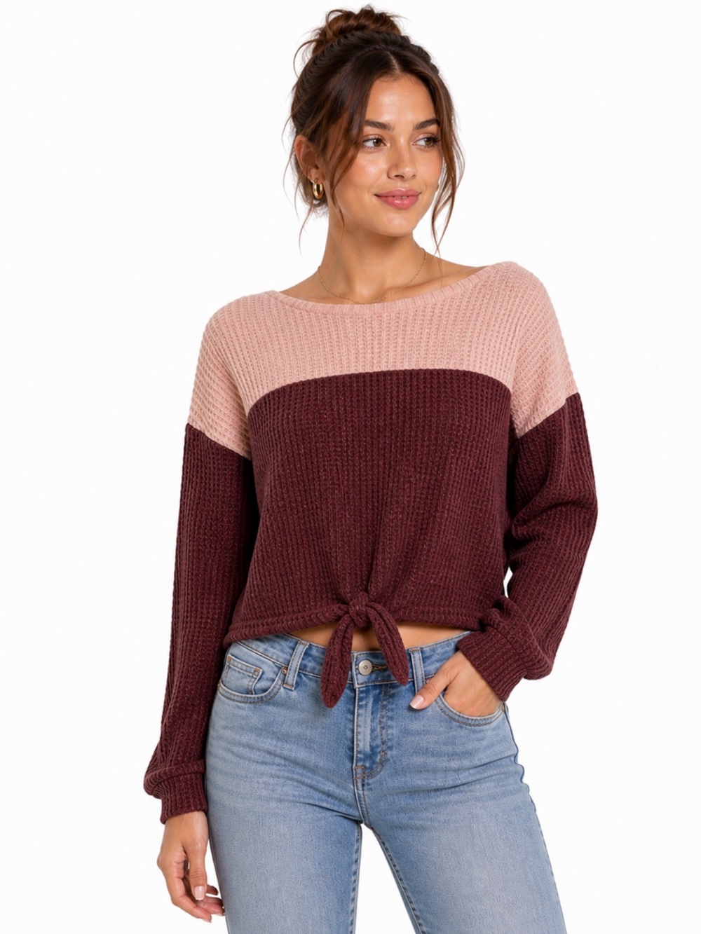 NoBo Colorblock Waffle Knit Tie-Front Sweater — Size XS